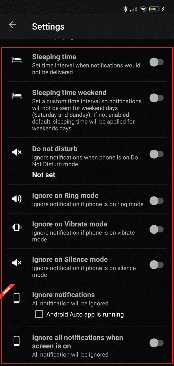 Setup mute notifications using sleeping interval, DND mode, ...