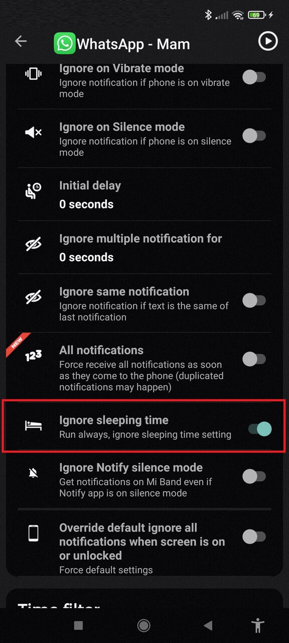 custom Mom Whatsapp settings, Ignore sleeping time turned on